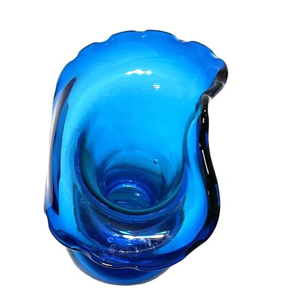 Jack in the Pulpit Hand Blown Art Glass Vase Stretched Blue 1960s Japan No Flaws - Picture 5 of 7